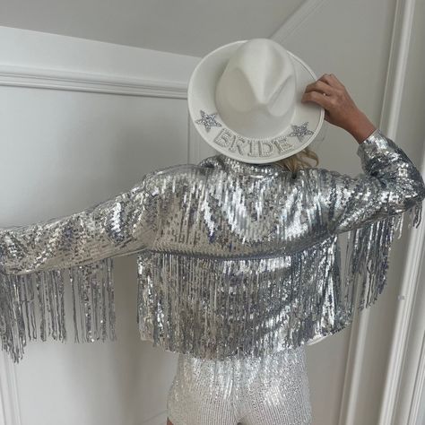 Purchased From Etsy For My Bachelorette Party But Never Worn! Sequin Fringe Jacket, Bling Birthday Party, Cowgirl Bachelorette Party Outfits, Cowgirl Jacket, Cowgirl Photoshoot, Cowgirl Bachelorette Parties, Fringe Clothing, Bachelorette Party Dress, Cowgirl Bachelorette