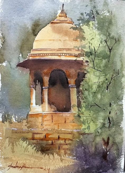 Water Colour Land Scapes, Composition Painting Watercolour, Watercolour Composition, Photography Buildings, India Landscape, Temple Painting, Landscape Tutorial, Land Scapes, Architecture Photography Buildings