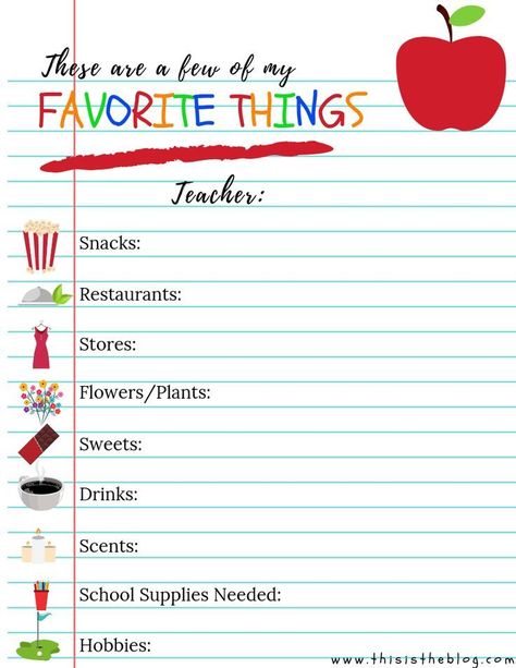 Teacher S Favorite Things A Must Have Printable For Room Parents Staff Favorites Sheet, Teachers Favorites List, Teachers Favorites Printable, Teacher Favorite Things Questionaire, Teacher Favorites Printable, My Favorite Things List, Teacher Of The Month, Teacher Questionnaire, About Teachers