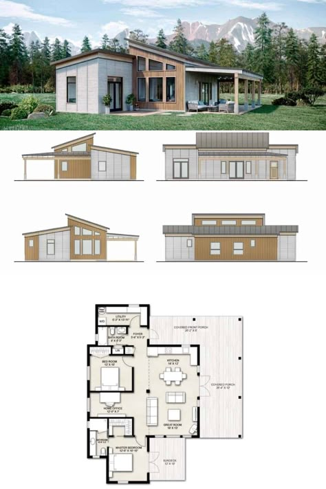 Small House Plans Modern - Truoba Mini 419 Small House Plan Tiny Home Plans Modern, Complete House Plan, Small House With Office, Open Plan Small House, Small House In Nature, Small Cabin Layout, Tiny House Layout Floor Plans, Chalet Plan, Small Cabin House Plans