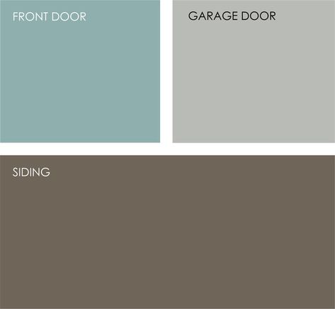 A light watery blue would also be a nice contrast to the dark siding color. Turquoise has been a trendy house accent color of late, but I think it's a new classic that would work well on this home.Clockwise from top left (all from Sherwin-Williams): Drizzle SW6479, Argos SW7065 and Griffin SW7026. by Jennifer Ott Colors With Gray, Brown Shutters, Gray Siding, Office Exterior, Interior Paint Colors Schemes, Outside Paint, Blue Doors, House Elements, Cottage Decorating