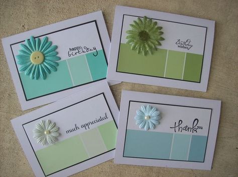 Paint+Chip+Card+Set - Scrapbook.com http://giftmetoday.com/index.php?c=5357&x=Scrapbooking_Stamping                                                                                                                                                      More Paint Samples Crafts, Chip Ideas, Paint Chip Cards, Paint Sample Cards, Cards With Flowers, Paint Chip Crafts, Paint Chip Art, Chip Art, Paint Sample