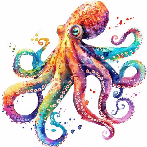 Watercolor Sea Animals, Art Papercraft, Rainbow Octopus, Watercolor Octopus, Cartoon Rainbow, Sea Drawing, Fauna Marina, Sea Art, Marine Animals