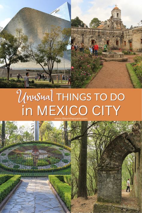 A collage with pictures of a modern building, a cloister, a floral clock, a stone arch in a forest, and the text "Unusual things to do in Mexico City" What To Do In Mexico City, Mexico City Museums, Things To Do In Mexico City, Mexico City Aesthetic, Polanco Mexico City, Mexico Trips, Mexico City Vacation, Condesa Mexico City, Mexico City Food