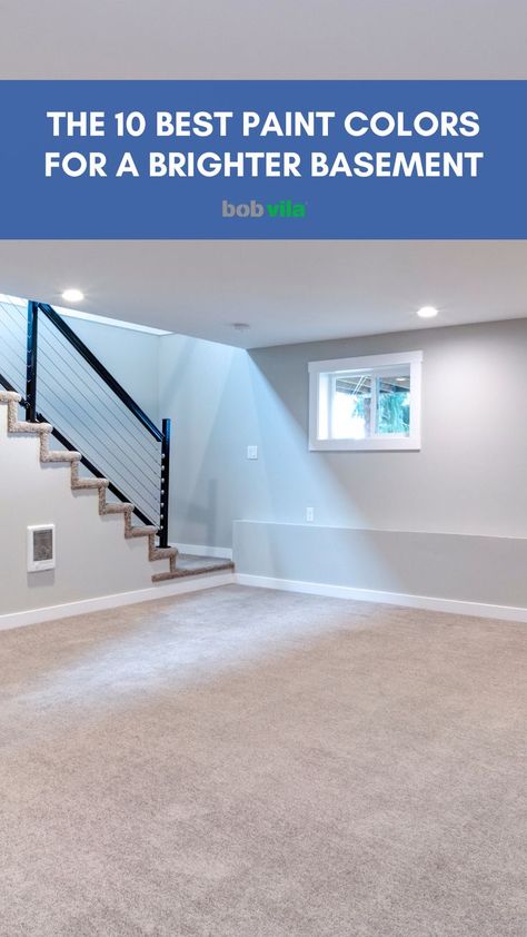 A finished basement painted light gray with text that says "The 10 Best Paint Colors for a Brighter Basement" Colors For Basement Walls, Colors For Basement, Best Basement Paint Colors, Basement Wall Colors, Small Finished Basements, Basement Paint, Basement Paint Colors, Dutch Boy Paint, Basement Painting