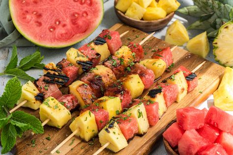 Grilled Watermelon and Pineapple Skewers | Food Revolution Network Vegan Barbeque, Bbq Pineapple, Watermelon And Pineapple, Watermelon Varieties, Pineapple Skewers, Pineapple Skewer, Pineapple Recipe, Watermelon Health Benefits, Grilled Watermelon