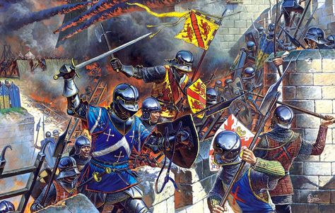 French knights storm the ramparts of a Burgundian outpost. The Burgundian Wars (1474–1477) were a conflict between the Dukes of Burgundy and the Kings of France, later involving the Old Swiss Confederacy, which would play a decisive role. Open war broke out in 1474, and in the following years the Duke of Burgundy, Charles the Bold, was defeated three times on the battlefield and killed in the Battle of Nancy in 1477. Medieval Warfare, Lost Treasure, Century Armor, Warriors Illustration, Historical Warriors, Medieval Ages, Ancient Warfare, Wars Of The Roses, Late Middle Ages