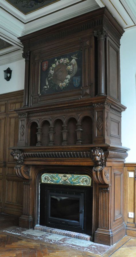 19th Century Fireplace, 1900s Fireplace, Fireplace Antique, Old English Manor, Gothic Fireplace, Cross Of Lorraine, Style Fireplace, French Fireplace, Gates And Railings