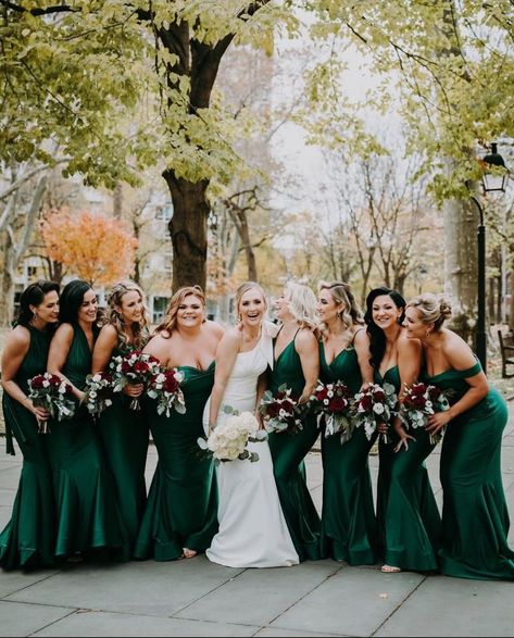 I do not think any words are needed for this stunning LUX bridal party in 💚🌲 Pine! Thank you to the beautiful styling by @dressuptime This is the look you get when you #shopsmall each girl in a different style looking absolutely elegant! #luvthelux #greendresses #greenbridesmaiddress #weddinginspo #bridalparty #weddingplanning #weddinggown #weddingparty #weddingplanner #bridesmaid #instawed #theknot #sayido #comfortablebridesmaids #huntergreen #bridesmaiddress #bridesmaiddresses Pine Bridesmaid Dresses, Pine Green Bridesmaid Dresses, Christmas Bridesmaid Dresses, Green Bridesmaids Dresses, Emerald Wedding Colors, Christmas Bridesmaids, Emerald Green Bridesmaid Dresses, Dark Green Bridesmaid Dress, Bridal Party Gowns