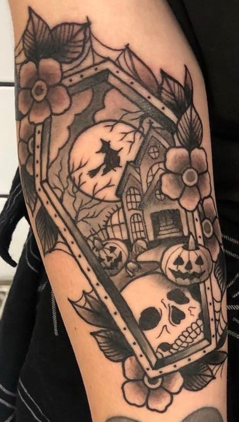 Coffin Haunted House Tattoo, Black And Gray Halloween Tattoos, Girly Halloween Tattoo Ideas, Halloween Hip Tattoo, Spooky Blackwork Tattoo, Spooky Couples Tattoo, Neotraditional Halloween Tattoo, Horror Thigh Tattoo, Spooky Sleeve Tattoos For Women