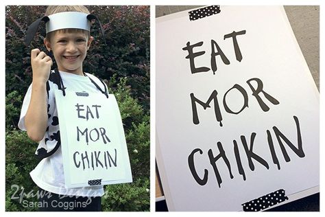 Easy Cow Appreciation Day Costumes - includes free printable for 'Eat Mor Chikin' sign Eat Mor Chikin Sign, Eat Mor Chikin Costume, Eat More Chicken Sign, Diy Cow Costume, Eat Mor Chikin, Cow Mask, Printable Signs Free, Cow Appreciation Day, Eat More Chicken