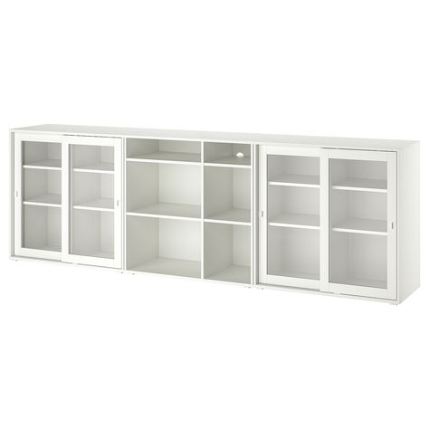 VIHALS Storage combination w/glass doors, white/clear glass, 1121/4x145/8x353/8" - IKEA Ikea Vihals Hack, Vihals Ikea, Vihals Ikea Hacks, Movable Shelves, Glass Shelving Unit, Billy Oxberg, Glass Sideboard, Bookshelf Cabinet, Ikea Kitchen Island