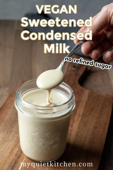 This easy homemade vegan condensed milk is made with 4 ingredients and requires only a few minutes of cooking. Rich, creamy, and naturally sweetened, it's a decadent way to sweeten your favorite coffee and tea beverages and add extra wow factor to desserts! Vegan Sweetened Condensed Milk, Vegan Condensed Milk, Sweetened Condensed Milk Recipes, Vegan Ice Cream Recipe, Plant Based Diet Recipes, Tea Beverages, Vegan Milk, Vegan Ice Cream, Vegan Condiments