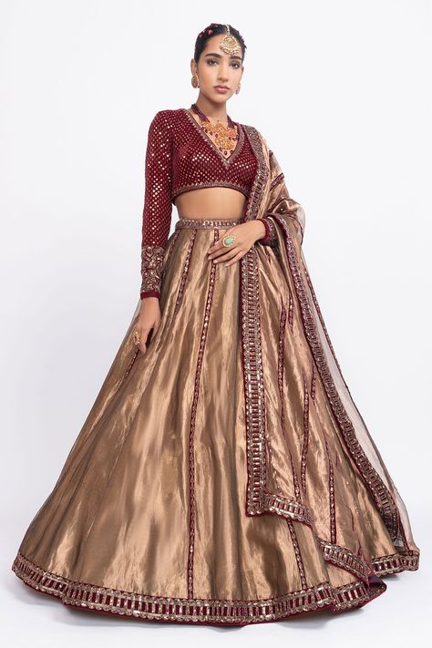 Shop for these amazing collections of Brown Lehenga Tissue Blouse Dupatta Embroidery V Bridal Set For Women by Vvani by Vani Vats online at Aza Fashions. Tissue Lehenga, Tissue Dupatta, Vani Vats, Gold Lehenga, Hand Embroidered Blouse, Indian Outfits Lehenga, Full Sleeve Blouse, Vacuum Storage, Red Lehenga