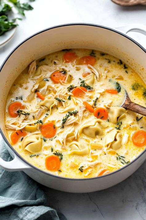 Warm up with a bowl of this amazing chicken tortellini soup! It's creamy, satisfying, and guaranteed to please. Tortellini And White Bean Soup, Turkey And Tortellini Soup, Cheese Tortellini Soup Recipes, Chicken Ditalini Soup, Healthy Tortellini Soup, Chicken Spinach Tortellini Soup, Tortellini Meatball Soup, Turkey Tortellini Soup, Crockpot Chicken Soup Recipes