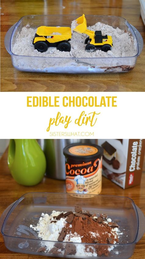 Edible Chocolate Play Dirt and Mini Plastic Trucks - Sisters, What! Edible Dirt, Spring Toddler, Recipe For Kids, Chocolate Graham Crackers, Dinosaur Activities, Tuff Tray, Toddler Play, Plastic Animals, Veggie Garden