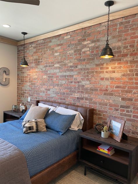 Bedroom Ideas With Brick Wall, Bedroom With Brick Accent Wall, Red Brick Wall Bedroom, Faux Brick Wall Bedroom, Brick Accent Wall Bedroom, Brick Bedroom Ideas, Room Brick Wall, Bedroom Brick Wall, Brick Interior Design