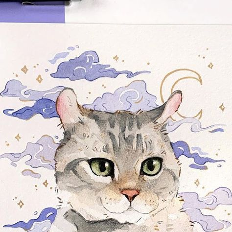 cat ♡ on Instagram: "Watercolor commission I did for @purishiore ☁️✨ Thank you so much again for commissioning me!! ~ I love painting commissions since I get to draw different things! For example I had so much fun with these Chinese clouds☺️ ~ I have my last commission slots available!! After those I won’t be opening them again until the end of February since I’m going on some trips soon👀 ^ ^ ^ ^ ^ #watercolorcommission #artcommission #artcommissions #artcommissionsopen #petcommission #petcommissions #petpainting #petpaintings #watercolorpetportrait #watercolorpet #watercolorcat #watercolorcats #catillustration #catillustrations #catpainting #catpaintings #petillustration #petillustrations #animalillustration #animalillustrations #animalillustrator #watercoloranimals #paintingcommission # Chinese Clouds, Pet Portrait Painting, Watercolor Pet Portraits, Watercolour Inspiration, Watercolor Painting Techniques, Pinturas Disney, Watercolor Cat, Watercolor Art Lessons, Animals Artwork