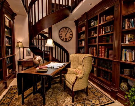 Basement library idea. Love that beautiful staircase. Home Office Traditional, Traditional Home Office, Home Office Library, Traditional Desk, Cozy Home Office, Home Library Design, Design Library, Home Libraries, Book Shelves