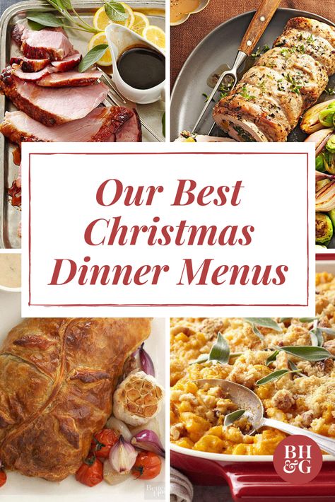 Each traditional Christmas dinner menu features a main course—including ham, turkey, beef, and vegetarian options—paired with two or three side dishes, desserts, or drinks to jump-start your holiday menu planning. #holiday #christmasmenu Christmas Ham Dinner, Traditional Christmas Dinner Menu, Christmas Eve Dinner Menu, Christmas Dinner Menu Ideas, Christmas Turkey Dinner, Christmas Dinner Recipes Easy, Traditional Christmas Dinner, Easy Christmas Dinner, Dinner Menu Ideas