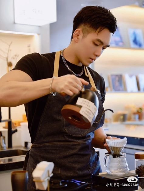 Man Cooking Drawing Reference, Someone Drinking Coffee Reference, Guy Cooking Reference, Cashier Pose Reference, Male Barista Outfit, Person Baking Reference, Person Drinking Tea Reference, Bartender Cleaning Glass Reference, Slamming Hands On Table Reference