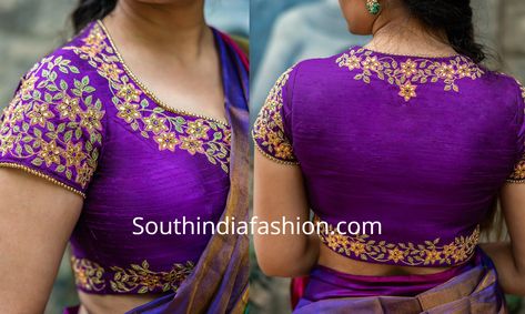 purplr high neck maggam work blouse High Neck Blouse Work Designs, High Neck Work Blouses, High Neck Work Blouse Designs, Maggam Work Bangles Designs, High Neck Maggam Work Blouse Designs, Half Hands Maggam Work Blouses, Back High Neck Blouse Designs, Violet Saree, Violet Blouse