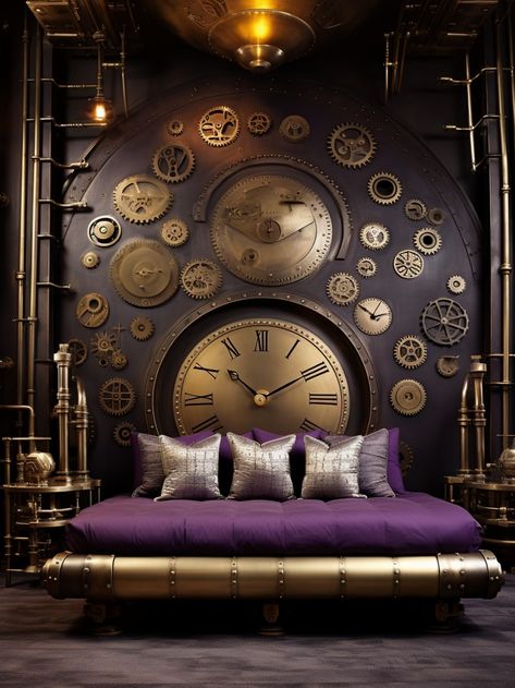 Steampunk Aesthetic Room, Steampunk Themed Room, Light Steampunk Aesthetic, Steam Punk Bedroom, Steampunk Bedding, Steampunk Bedroom Concept Art, Steampunk Bedroom Decor, Creative Accent Wall Ideas, Steampunk Interior Design