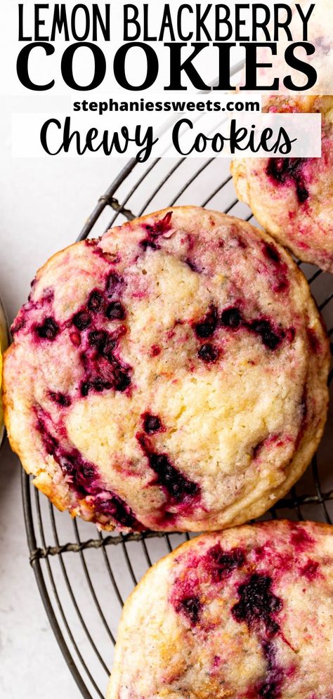 These lemon blackberry cookies are easy to make and full of frozen blackberry swirls baked into lemon cookies. They are soft chewy cookies with the perfect balance of flavors. Chewy Lemon Cookies, Blackberry Dessert Recipes, Blackberry Cookies, Soft Chewy Cookies, Blackberry Dessert, Berry Cookies, Fruity Dessert, Amazing Cookie Recipes, Blackberry Recipes