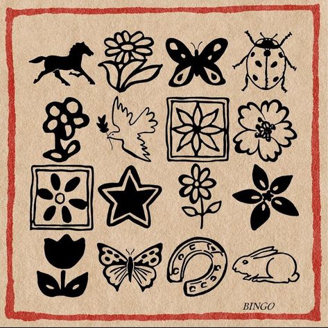 Block Print Style Tattoo, Rubber Stamp Tattoo, Folksy Tattoos, American Traditional Small Tattoo, Stick And Poke Tattoo Flash, Folk Art Tattoo, Places To Get Tattoos, Funky Tattoos, Hand Doodles