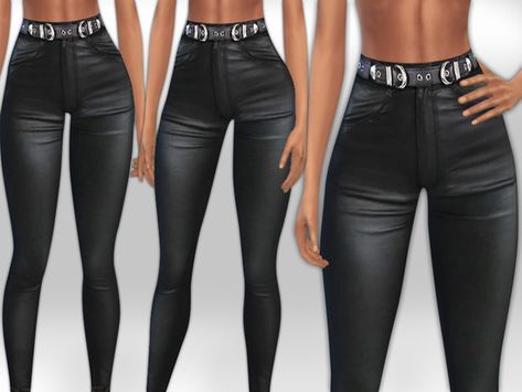 Mods Ts4, Mods Sims 4, Skin Tight Pants, Black Leather Jeans, Cc Clothing, Cc Shopping, Kendall Jenner Chanel, Pants With Belt, Leather Pants Outfit