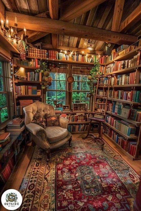 She Shed Library Interior, Rustic Library Ideas, Library Shed Ideas, Cottage Library Room, Moody She Shed, Shed Library Ideas, She Shed Reading Nook, Library She Shed, Book Nook Decor Ideas