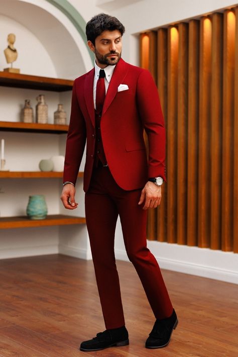 Embody the essence of refined style with our captivating bordeaux slim-fit suit 3-piece collection. Embrace a remarkable ensemble that showcases a commanding peak lapel design and a precision fit, empowering you to radiate confidence and sophistication. #suit #suits #suitup #formalattire #menstyle #menfashion #gentleman #dapperlook #formalwear #fashioninspo Black Double Breasted Suit, Blazer Waistcoat, Wedding Suit Styles, Double Breasted Tuxedo, Suit Stores, Suit Styles, Lapel Design, Slim Fit Suit Men, Slim Fit Tuxedo