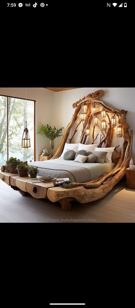 Branch Headboard, Log Canopy Bed, Nature Bed, Driftwood Headboard, Zen Bed, Old House Design, Branch Furniture, Rustic Log Furniture, Dream Bedroom Inspiration