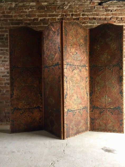 View this item and discover similar for sale at 1stDibs - A stunning antique 19th century continental heavily embossed leather four fold dressing screen or room divider, the screen with four folding leather panels Changing Wall Divider, Antique Folding Screen, Leather Room Divider, Folding Screen Room Divider Ideas, Gold Room Divider, Gothic Room Divider, Antique Room Divider, Boho Loft Apartment, Vintage Room Divider