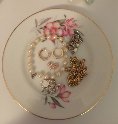 Jewellery Plate Aesthetic, Jewelry Plate Aesthetic, Misty Dawn, Thrift Inspo, Old Plates, Cold Room, Aesthetic Rooms, My Jewelry, Room Inspiration Bedroom