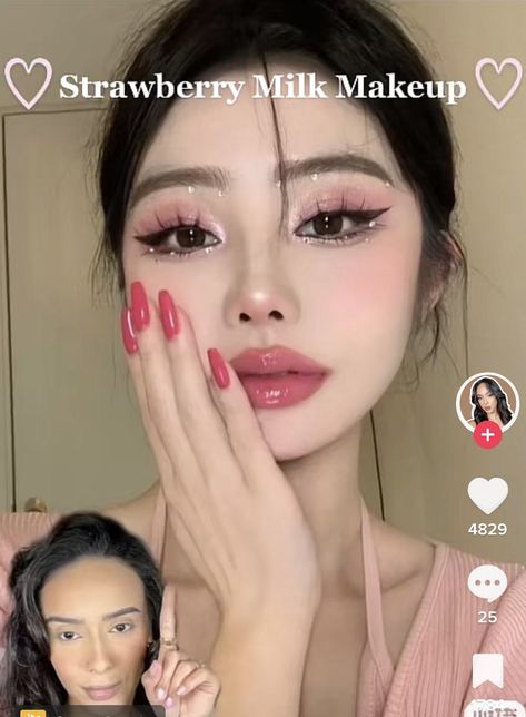 Strawberry Milk Douyin Makeup, Strawberry Milk Makeup Look, Strawberry Milk Makeup, Strawberry Douyin Makeup, Strawberry Girl Makeup, Doujin Makeup Trend, Strawberry Makeup Look, Makeup For Downturned Eyes, Fox Makeup