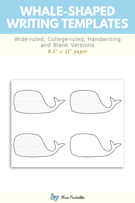 Free printable whale-shaped writing templates. This PDF download includes wide ruled, narrow ruled, handwriting, and blank versions. Download the templates at https://museprintables.com/download/writing-template/whale-shaped/ Whale Template, Writing Paper Template, Template Free Printable, Handwriting Lines, Writing Template, Lined Writing Paper, Writing Templates, Ocean Theme, Ocean Themes