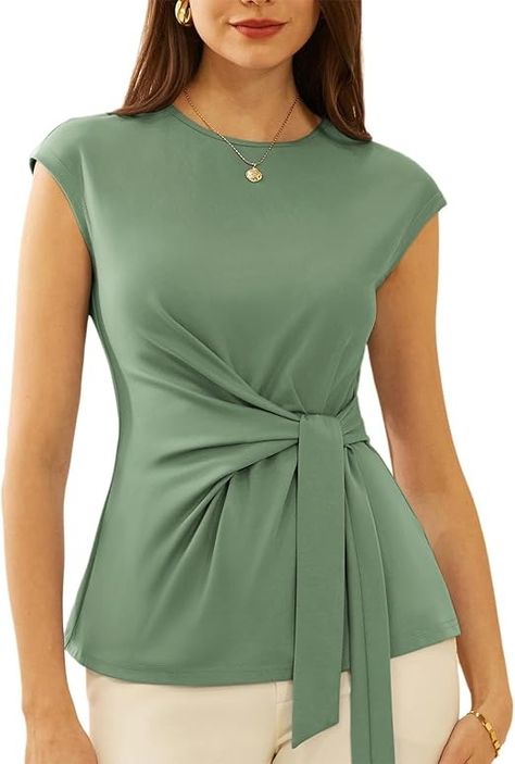 GRACE KARIN Women's Cap Sleeve Blouse Summer Crew Neck Tie Detail Casual Tunic Tops T Shirts : Amazon.co.uk: Fashion Blouse With Bow, Cute Summer Tops, Tie Waist Top, Cap Sleeves Blouse, Tunic Tops Casual, Casual Tunics, Layered Fashion, Elegante Casual, Cap Sleeve Top