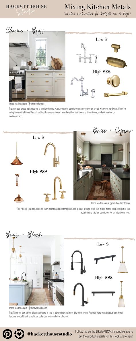 Mixing metals in your kitchen is one those details that's going to take your design from good, to GREAT. But there are few tips you need to know to be successful. Follow me on Pinterest and in the LiketoKnow.it app for more designer secrets and tricks of the trade! #interiordesign #design #brass #chrome #kitcheninspo #kitchen Kitchen Mixed Metals Stainless Steel, Kitchen Brass Accents, Brass Finishes In Kitchen, Mixing Polished Nickel And Brass In Kitchen, White Kitchen With Mixed Metals, Mixing Gold And Silver In Kitchen, White Kitchen Mixed Metal Hardware, Brass Fixtures With Stainless Appliances, Mixing Metals Kitchen Hardware