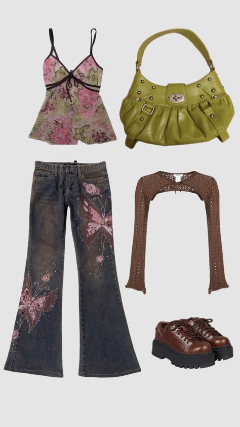 #y2k #y2kgrunge #floral #grunge #fairy #beauty #outfitinspo #fitinspo #unif #platforms Boho Y2k Fashion, Fairy Core Y2k Outfits, Y2k Fashion Aesthetic Outfits, Flare Jeans Y2k Outfit, Boho Streetwear Outfits, Shuffles Outfits Y2k, Y2k Fairy Outfits, Fairy Y2k Outfits, Boho Y2k Outfits