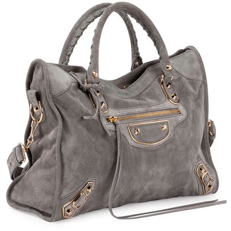 Balenciaga Metallic Edge Suede City Bag (15,260 GTQ) ❤ liked on Polyvore featuring bags, handbags, balenciaga handbags, zip top tote, tassel purse, suede handbags and suede purse Studded Handbags, Handbags For College, Bags Balenciaga, Purse Boutique, Metallic Handbags, Gray Handbags, Cheap Purses, Suede Purse, Grey Tote