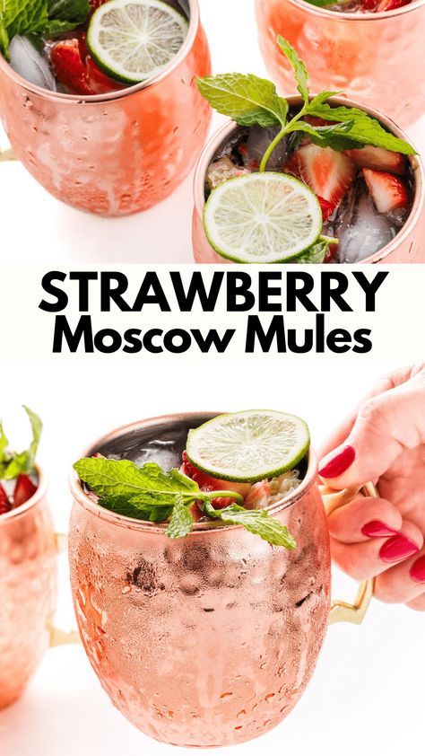 A fresh and fruity spin on the classic Moscow Mule recipe, these strawberry mules are made with fresh berries, lime juice and mint. Recipes With Fresh Mint, Strawberry Moscow Mule, Mule Variations, Moscow Mule Recipe Classic, Booze Board, Moscow Mule Cocktail, Moscow Mules, Moscow Mule Recipe, Spicy Cocktail