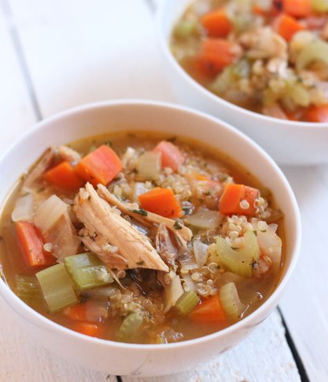 Use leftover turkey to make this nourishing and filling soup perfect for the holiday season Turkey Quinoa Soup, Soup With Quinoa, Quinoa Soup Recipes, Creamy Turkey Soup, Quinoa Vegetable Soup, Turkey Quinoa, Wild Rose Detox Recipes, Turkey Vegetable Soup, Leftover Turkey Soup