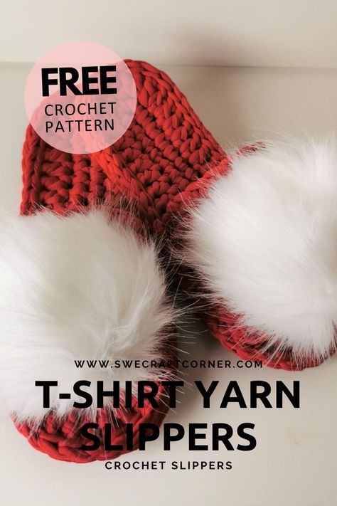 In this post you will learn how to make t-shirt yarn slippers. They are an easy and semi fast project and the perfect Christmas or birthday gift for anyone. Combined with the makeup pads it's the perfect gift for a teenager and can be made in their favorite color. Add some fluffy faux fur balls Crochet Slippers With Blanket Yarn, T Shirt Yarn Slippers Crochet, Yarn Slippers Tiktok, Crochet Round Toe Slippers For Winter, Bernat Blanket Yarn Patterns Crochetslippers, Crochet Baby Projects, Baby Booties Free Pattern, Baby Coat, Baby Slippers