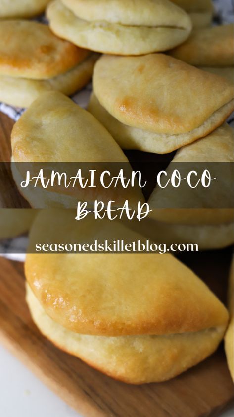 Coco Bread is a soft, fluffy, moist bread with a sweet delicate flavour and a pocket shape that’s perfect for sandwiches. It’s super easy to make a batch so you can enjoy this delicious Jamaican sweet bread for breakfast, lunch, dinner, or whenever the craving strikes! Jamaican Sweet Bread, West Indian Vegetarian Recipes, Jamaican Johnny Cakes Recipe, Gluten Free Jamaican Coco Bread, Cocoa Bread Recipe, Coconut Bread Recipe Caribbean, Hardough Bread Jamaican Recipes, Jamaican Bread Recipes, Jamaican Coconut Bread