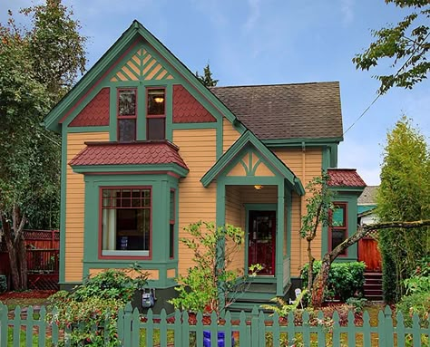 Ochre House Exterior, Colorful Tudor Exterior, Bungalow Exterior Colors, Victorian Homes Exterior, Victorian Exterior, Victorian Colors, Folk Victorian, Storybook Homes, Craftsman Exterior