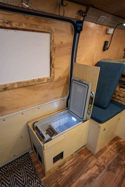 Van Upgrades, Van Conversion Storage Ideas, Van Fridge Ideas, Ikea Furniture Van Conversion, Van Life Flooring, Van Fridge, Van Conversion Wall Ideas, Van Organization Ideas, Van Remodel Conversion