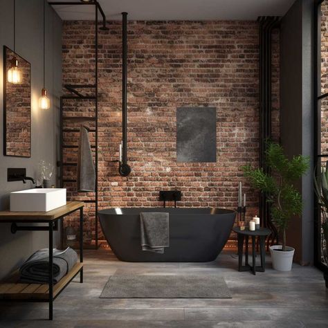 9 Exposed Brick Bathroom Ideas for a Modern Rustic Feel • 333+ Images • [ArtFacade] Brick Bathroom Ideas, Fall Whiteboard Art, Exposed Brick Bathroom, Fall Lock Screen, Top Loader Laundry Room, Modern Industrial Bathroom, Shower Interior, Apartments Ideas, Brick Bathroom