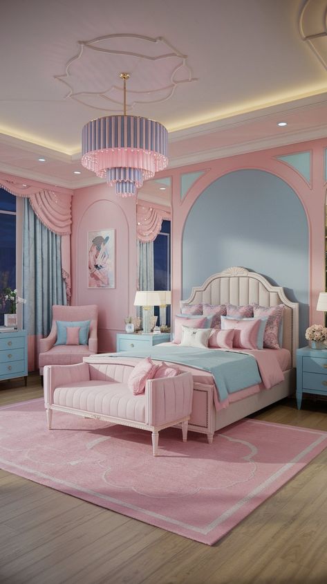 Embrace your femininity in a room designed for comfort and style. Featuring a large, plush bed and a charming makeup corner, this space inspires relaxation and creativity. Let the soft lighting from the chandelier create a dreamy ambiance for your evenings. #homedesign #homedecor #bedroomdecor #bedroomredo #bedroomdesign Makeup Corner, Barbie Bedroom, Pastel Bedroom, Plush Bed, Future Apartment Decor, Vegas Outfit, Pastel Room, Woman Bedroom, Future Apartment