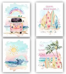 Surfboard Room Decor, Surfboard Room, Beach Nursery Decor, Surf Room Decor, Surf Nursery, Pink Coastal, Beachy Wall Art, Beach Room Decor, Coastal Watercolor